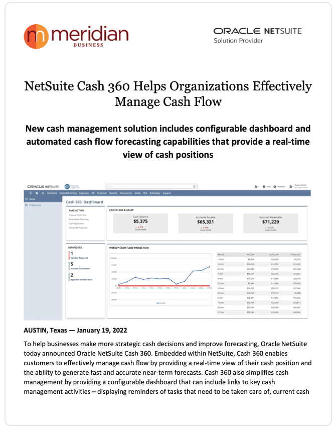 NetSuite Cash 360 Helps Organizations Effectively Manage Cash Flow Image